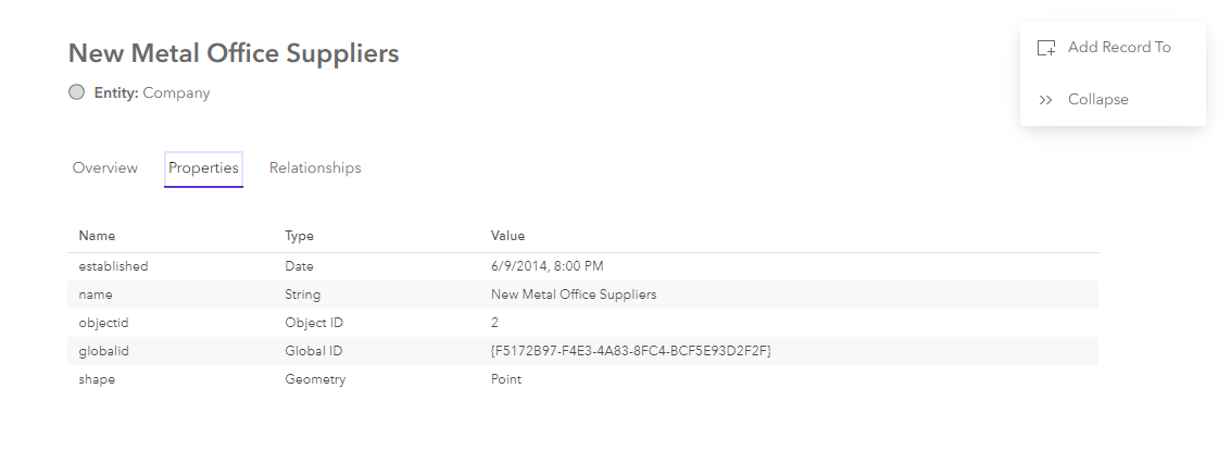Properties tab of an entity data card Properties tab of an entity data card